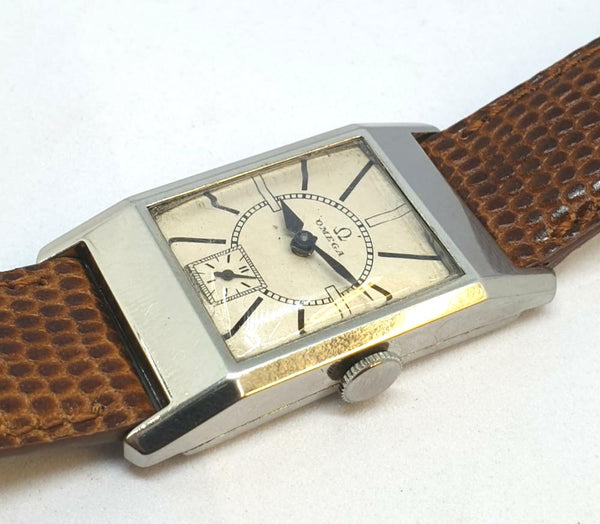 Omega Deco Style Tank Wristwatch Caliber 20F in Stainless Steel Case with Sunrise Dial Circa 1934