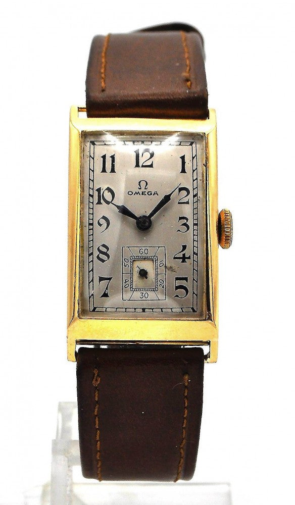 1936 Omega Art Deco Style Rectangular Watch with Arabic Dial in 18ct Gold with Rare Cal. 20F