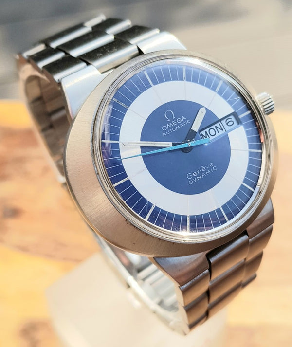 Omega Dynamic Automatic Day Date with Two Tone Silver and Blue Bullseye Dial in Stainless Steel on Bracelet 1969