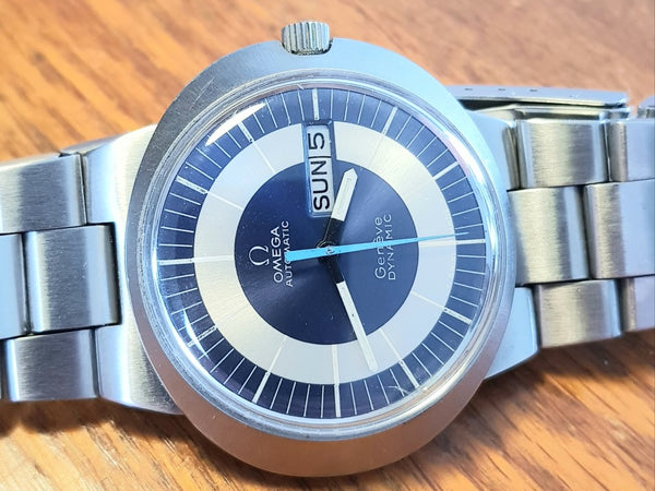 Omega Dynamic Automatic Day Date with Two Tone Silver and Blue Bullseye Dial in Stainless Steel on Bracelet 1969