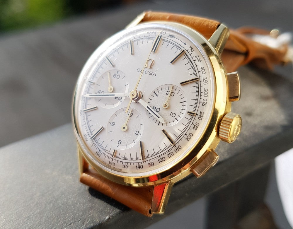 1963 Rare Omega Chronograph in 18ct Gold Model 101.010.63 with Omega Buckle and Box