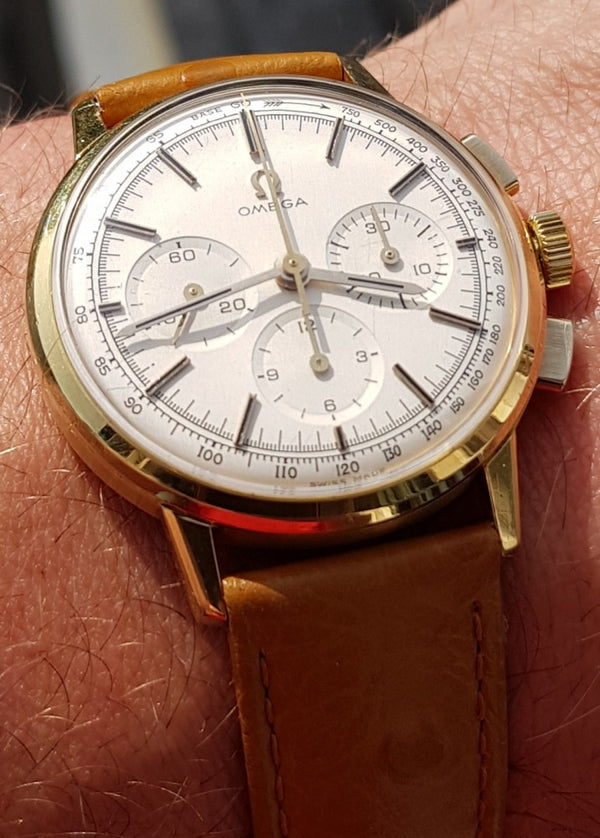 1963 Rare Omega Chronograph in 18ct Gold Model 101.010.63 with Omega Buckle and Box