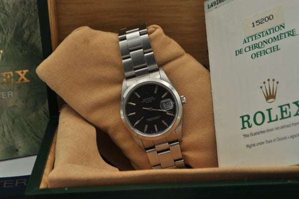 Rolex Oyster Perpetual Date with Charcoal Grey Dial in Stainless Steel Model 15200 with Box and Papers Dated 1990