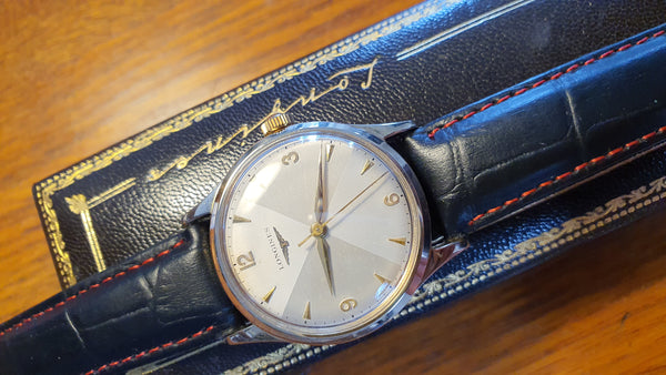 Longines 9ct Gold Dress Watch Model 13322 with Rare Hourglass Dial and Original Box Circa 1957