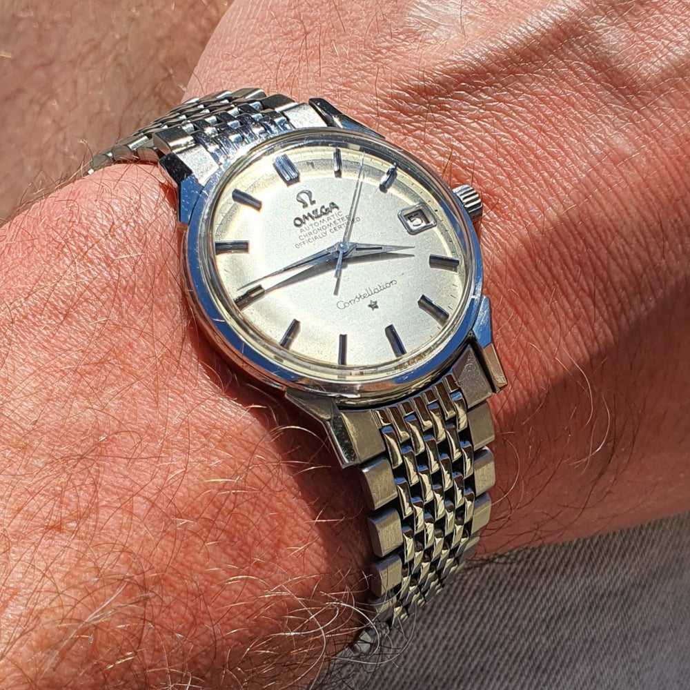 1964 Omega Constellation Auto with Dog Leg Lugs & Original Box Model 168.005 on Beads of Rice Bracelet