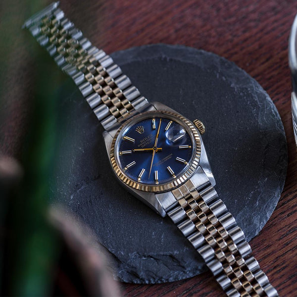 1979 Stunning Rolex Gold & Steel Oyster Perpetual Datejust with Fluted Gold Bezel Blue Dial  Model 16013 + Box, Book & Swing Tags