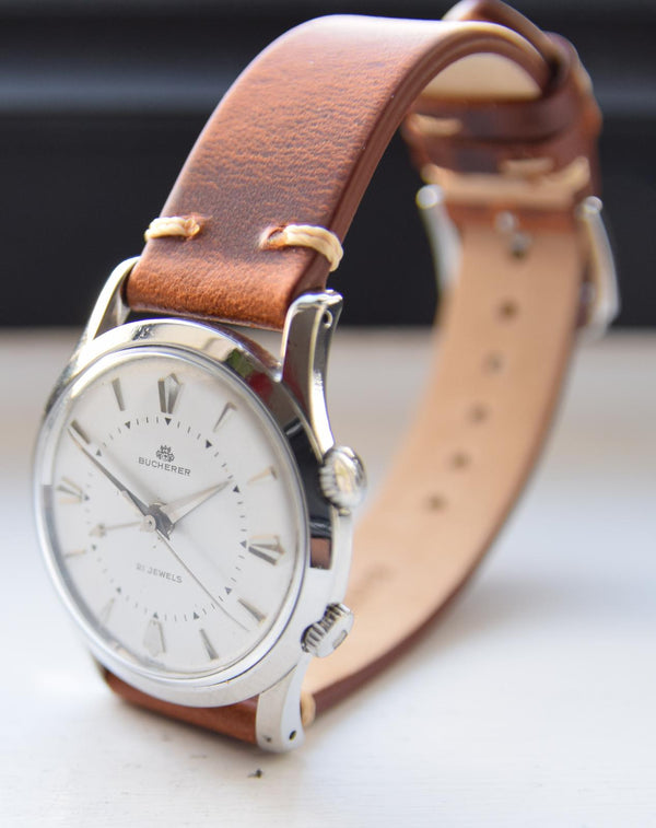 Bucherer Rare swiss Alarm classic wristwatch in Stainless Steel Circa 1960s