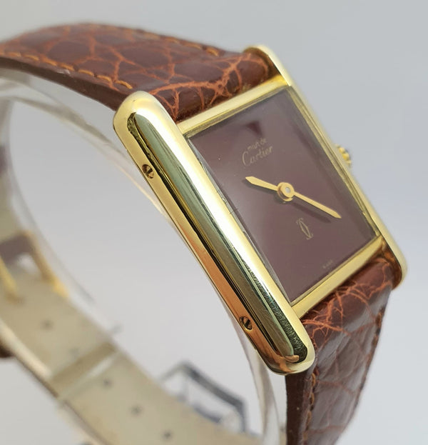 Ladies Cartier Tank Mechanical with Burgundy Dial in 925 Silver Gilt 1970s