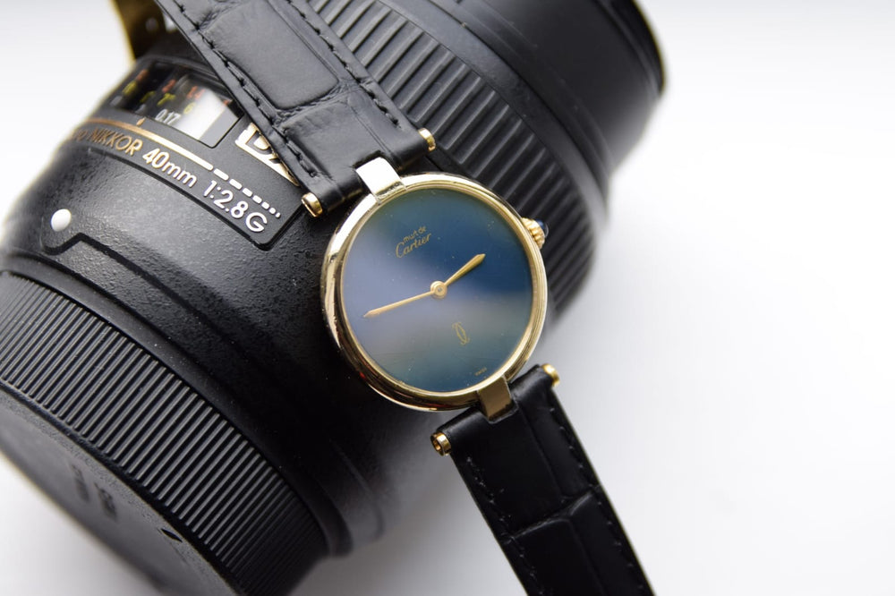 Cartier Ronde Vermeil with Lapis-Type Dial and Vendôme Lugs in Sterling Silver 925 Gilt Circa 1990s