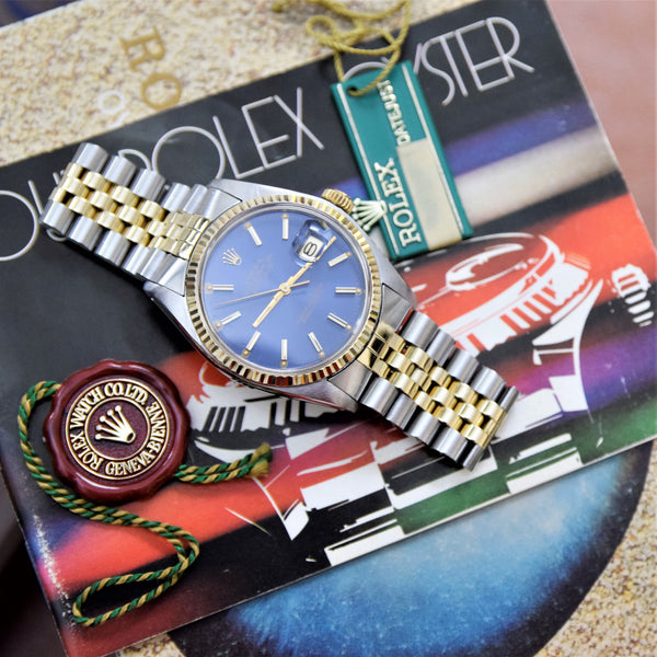 1979 Stunning Rolex Gold & Steel Oyster Perpetual Datejust with Fluted Gold Bezel Blue Dial  Model 16013 + Box, Book & Swing Tags