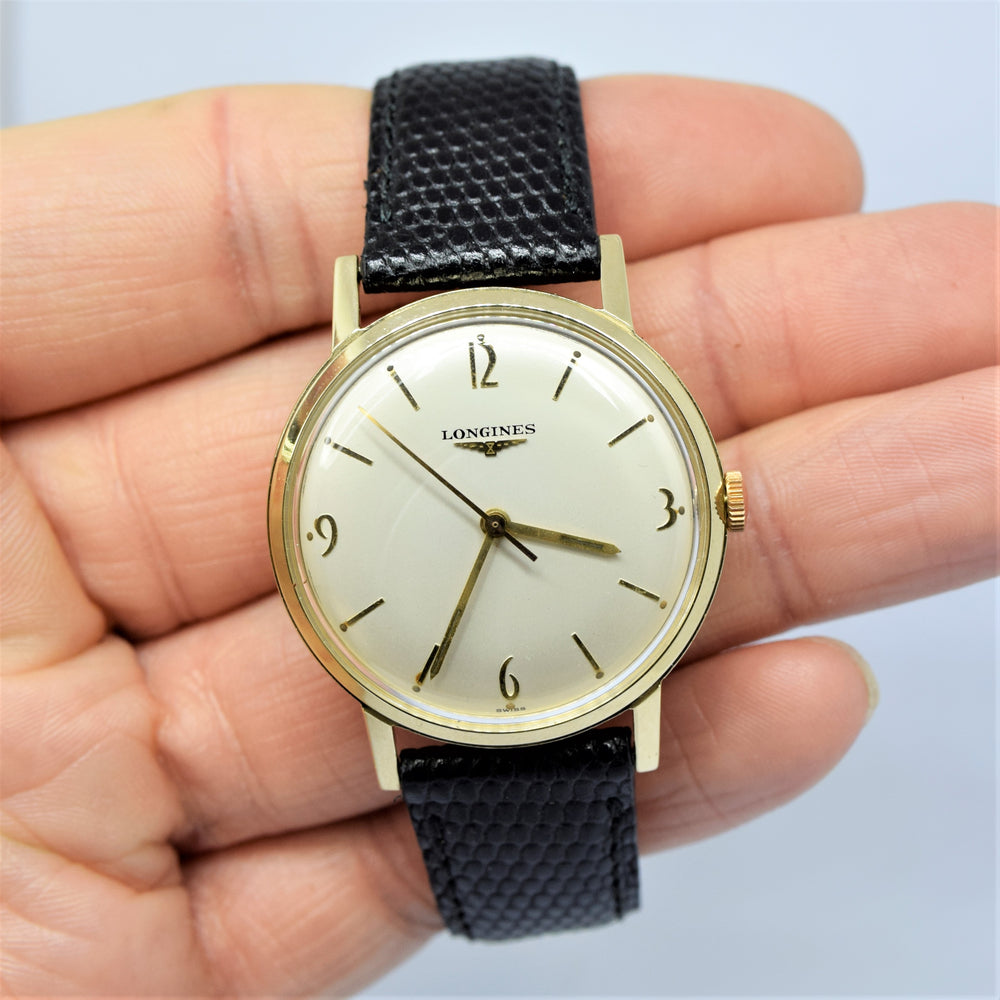 1958 Longines Solid 9ct Gold Dress Watch with Mixed Baton and Arabic Numerals Model 7089 Cal 19.4s