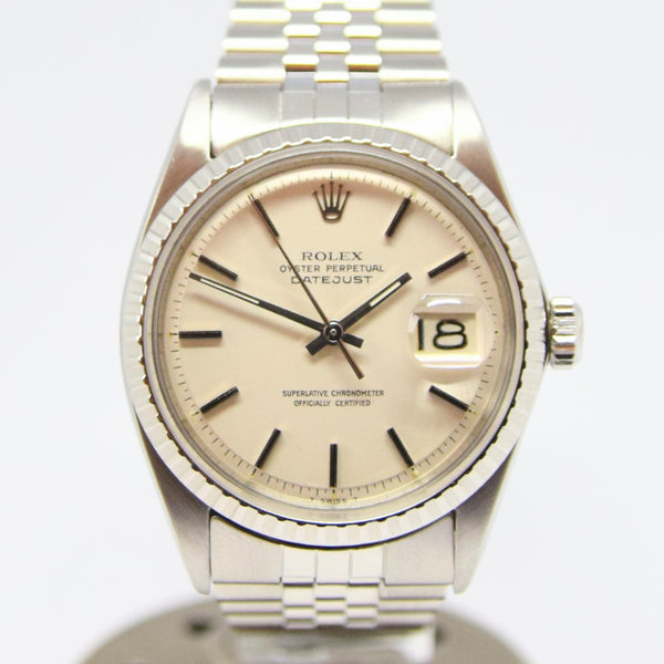 1971 Rolex Oyster Perpetual Datejust with Engine Turned Bezel and Sloped Dial in Stainless Steel Model 1603 with Box