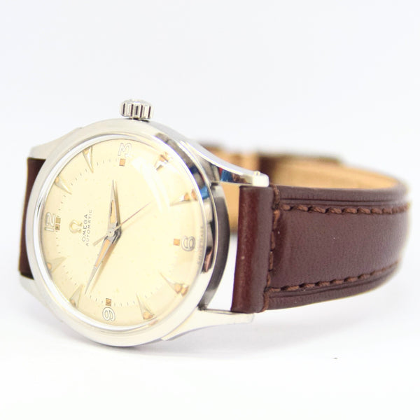1947 Omega Bumper Automatic Wristwatch with Nice Patina Dial Model 2582 in Stainless Steel