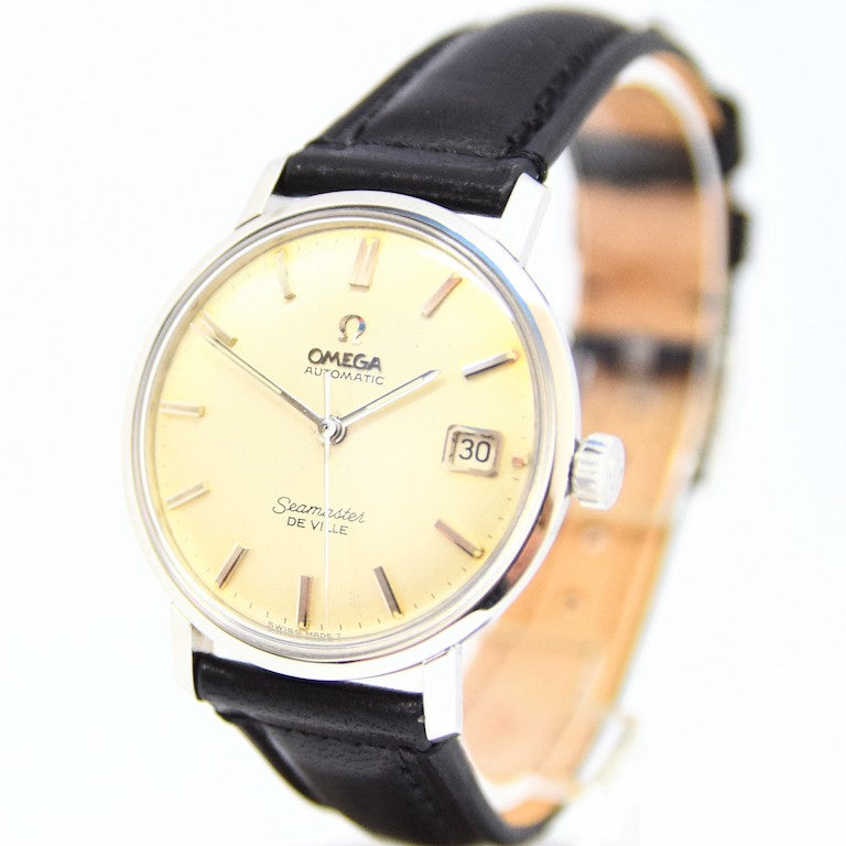 1965 Omega Automatic Seamaster De Ville Date Model 166.020 Wristwatch with Linen Dial with Hippocampus Back in Stainless Steel