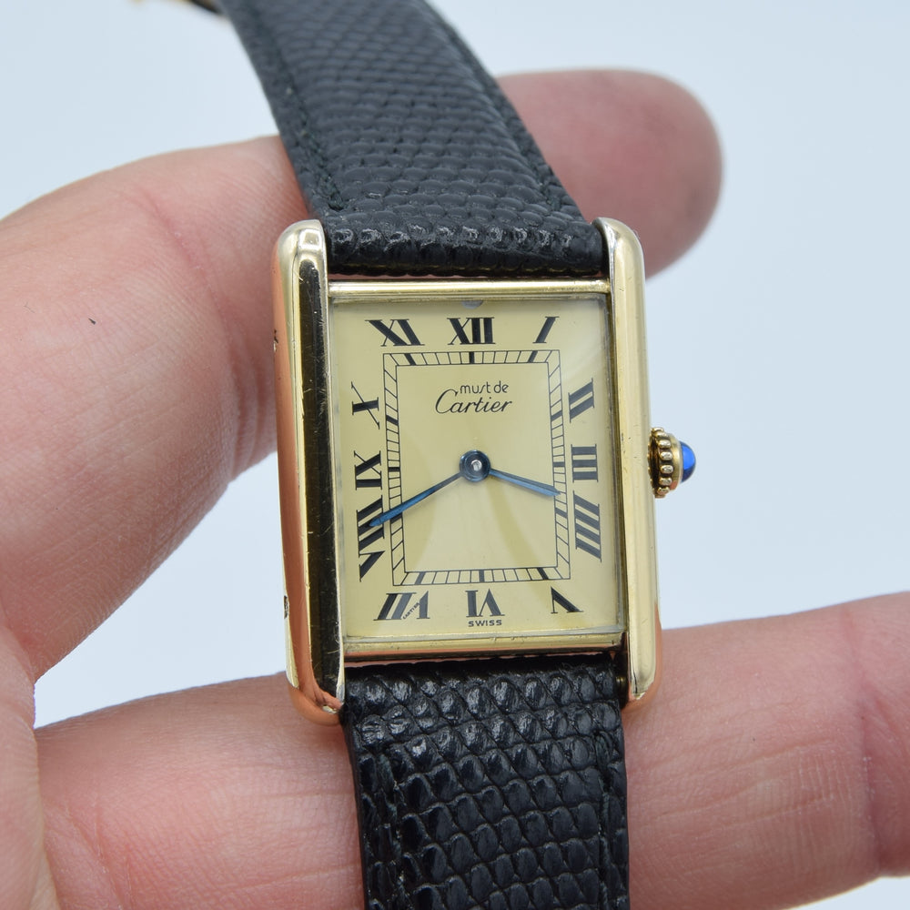 1990s Classic Cartier Quartz Tank with Roman Numerals Dial in 925 Silver Gilt Vermeil