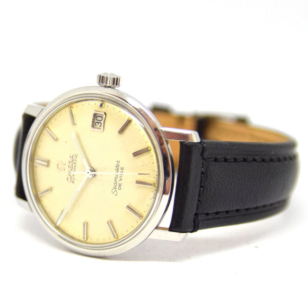 1965 Omega Automatic Seamaster De Ville Date Model 166.020 Wristwatch with Linen Dial with Hippocampus Back in Stainless Steel