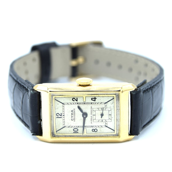 1930s Cyma 'Presidente' La Perla Caracas Rectangular Deco Wristwatch with Arabic Dial in 18ct Gold