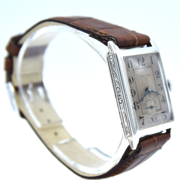 1930 Tavannes Cyma Rectangular Deco Tank Watch with Arabic Numerals in 925 Sterling Silver Case