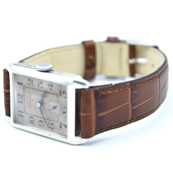 1930 Tavannes Cyma Rectangular Deco Tank Watch with Arabic Numerals in 925 Sterling Silver Case