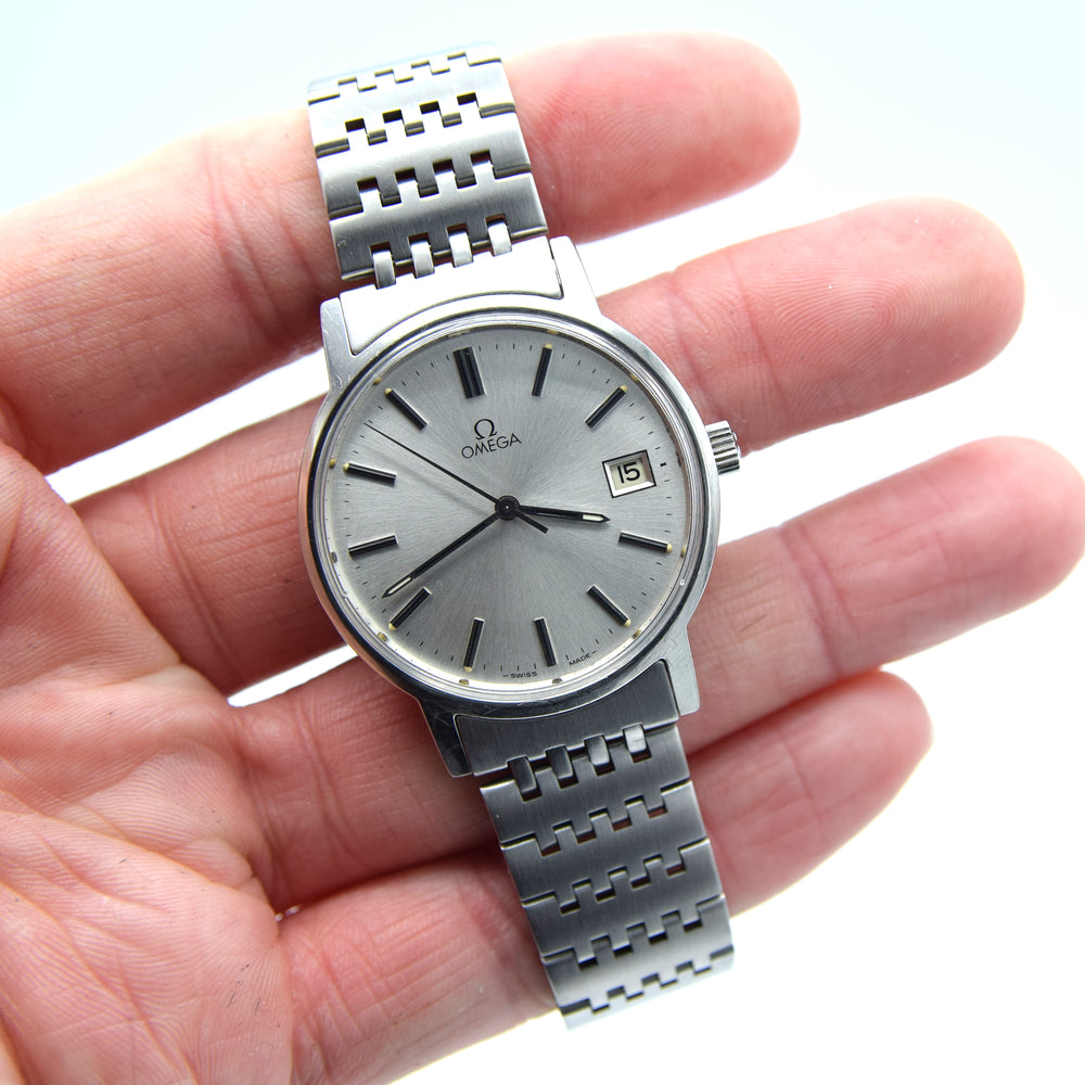 1980-81 Omega Manual Wind Date Dress Watch Model 136.0104 in Stainless Steel on Bracelet with Box and Papers