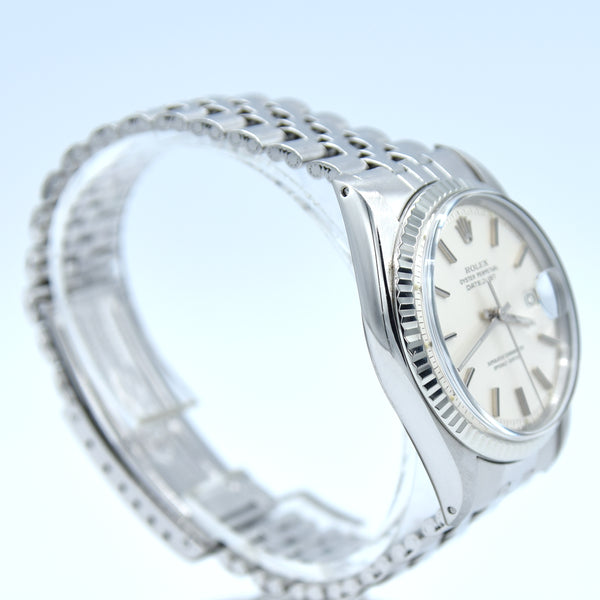 1971 Sharp Rolex Oyster Perpetual Datejust with White Gold Fluted Bezel Model 1601 in Stainless Steel on Jubilee Bracelet