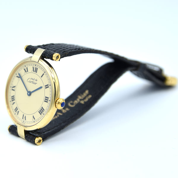 1990s Cartier 'Must de' Unisex Ronde with Roman Numeral Ivory Dial and Vendôme Lugs in 925 Sterling Silver Gilt Vermeil Case