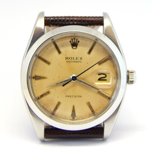 1960 Rolex Oysterdate Precision Wristwatch with Stunning Patina Dial in Stainless Steel on Leather Model 6694