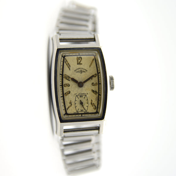 1930s Rotary Deluxe Deco Tonneau Wristwatch Early Waterproof Patent with Arabic Numerals and Bakelite Box
