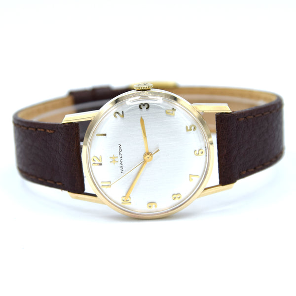 1971 Hamilton Dress Watch with Silvered Dial and Arabic Numerals in Solid 9ct Gold with Original Buckle and Box and Papers