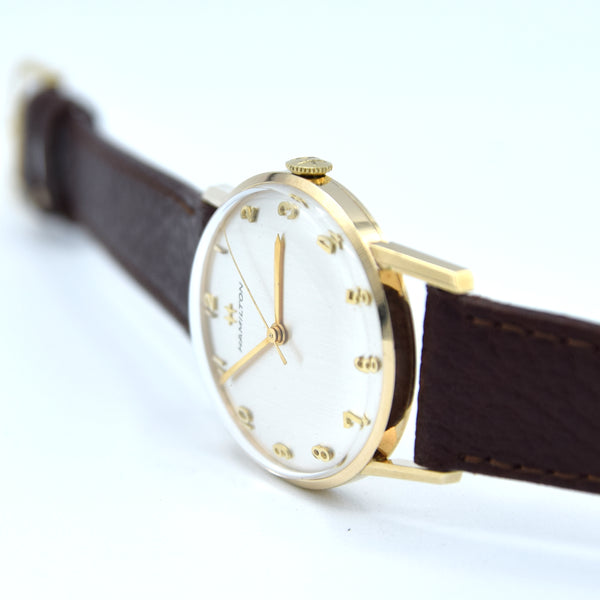 1971 Hamilton Dress Watch with Silvered Dial and Arabic Numerals in Solid 9ct Gold with Original Buckle and Box and Papers