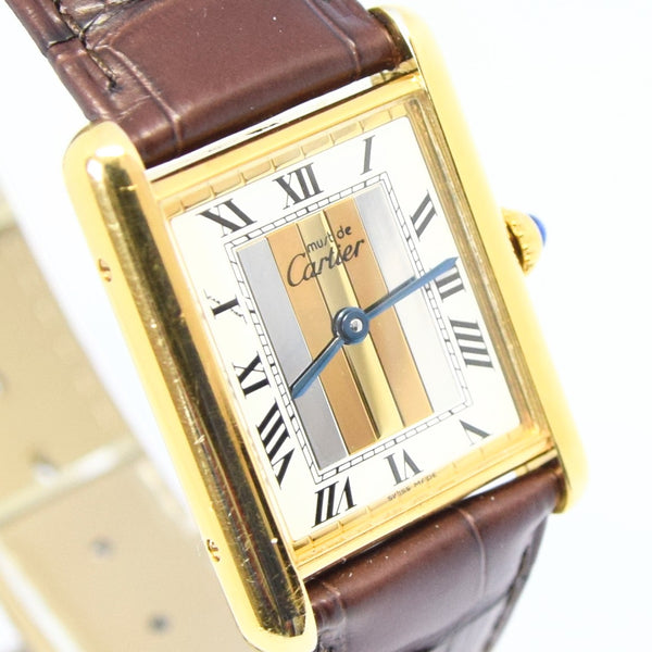1990s Cartier Quartz Tank with Tri-Colour Dial in 925 Silver Gilt with Box and Papers