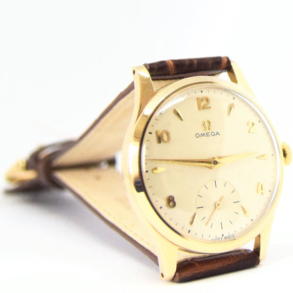 1952 Omega Manual Wind Dress Watch Model 13322 in 9ct Gold with Mixed Arrow and Arabic Numerals Sub Seconds and Original Gold Buckle