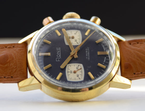 1970s Rone Valjoux Chronograph with Blue Dial in Gold Plate