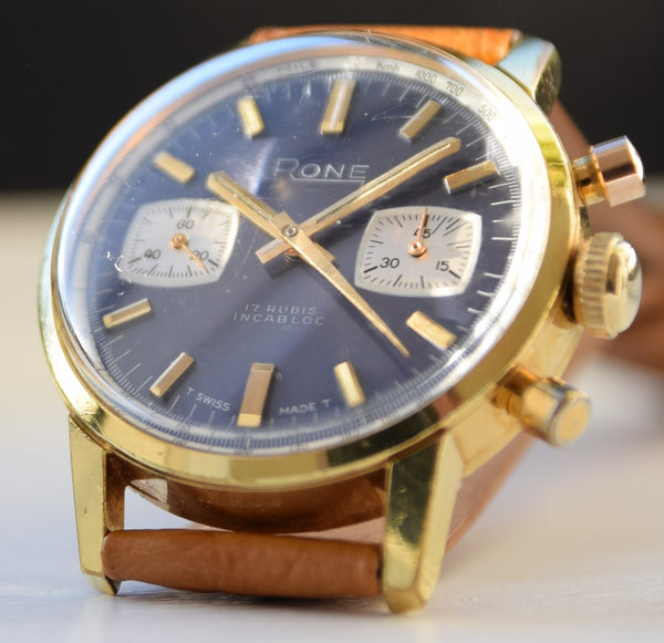 1970s Rone Valjoux Chronograph with Blue Dial in Gold Plate