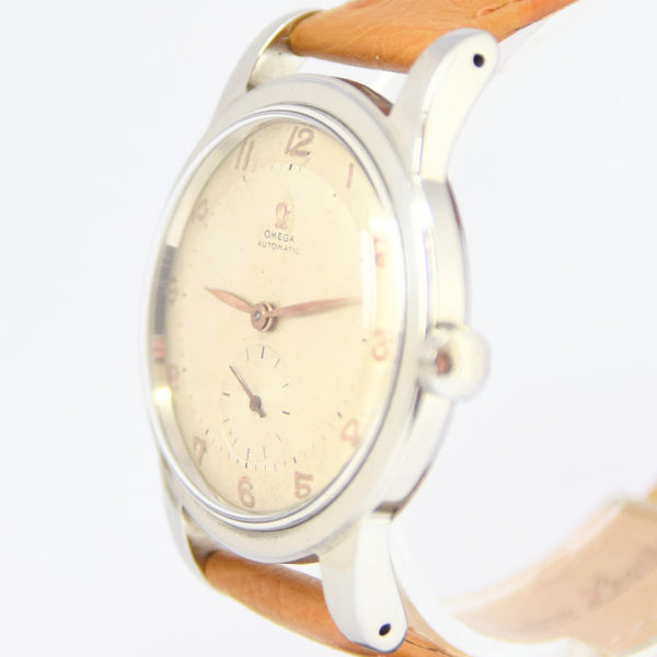 1950 Omega Large Automatic Bumper with Arabic Dial Jumbo Model 2493 in Stainless Steel Case with Archive Extract