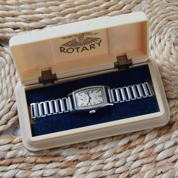 1930s Rotary Deluxe Deco Tonneau Wristwatch Early Waterproof Patent with Arabic Numerals and Bakelite Box