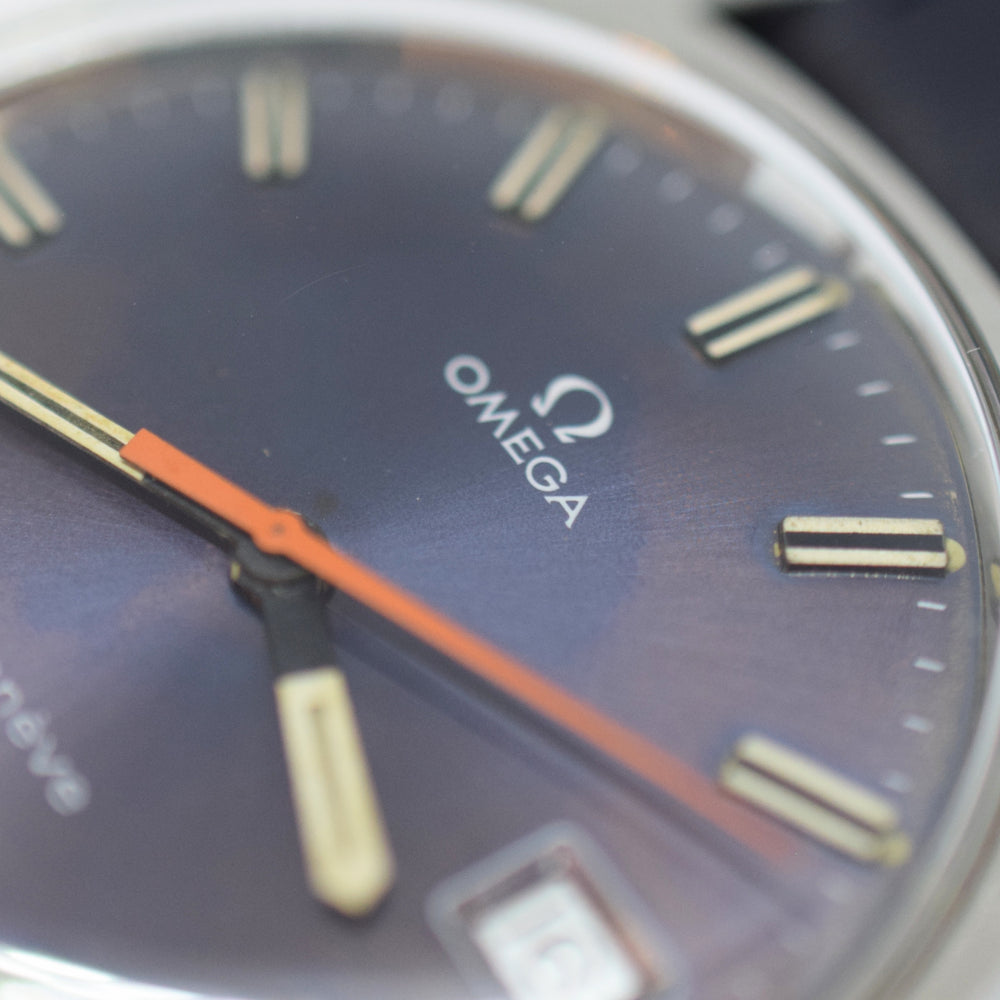 1969 Omega Geneve Date Model 136.041 Manual Wind with Metallic Blue Dial