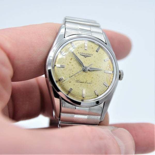 1957 Longines Silver Arrow Manual Wind in Stainless Steel on Rare Longines Fixoflex Bracelet Model 9100 & Archive Extract