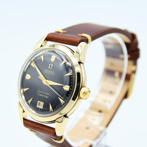 1952 Rare Omega Seamaster Automatic Bumper First Date Model 2627 with Black Dial in Solid 14ct Gold