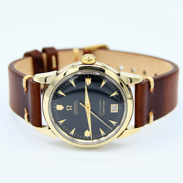 1952 Rare Omega Seamaster Automatic Bumper First Date Model 2627 with Black Dial in Solid 14ct Gold