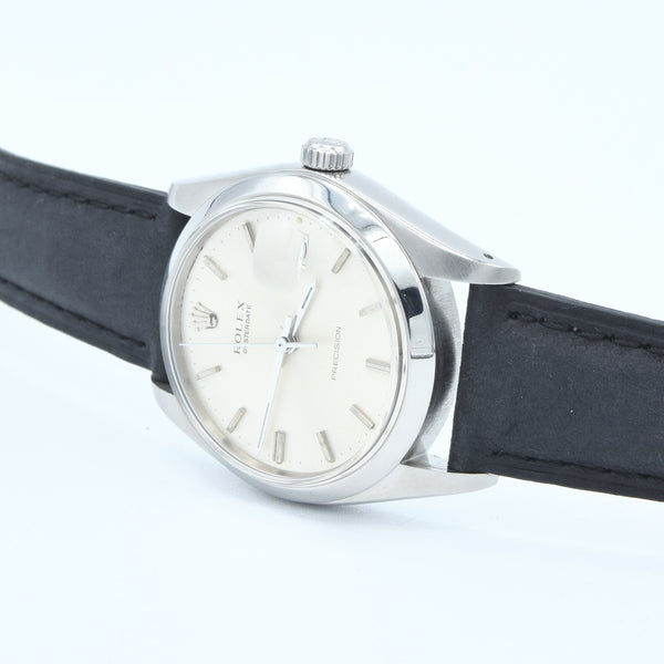 1973 Rolex Oysterdate Precision Wristwatch Model 6694 with Original Silvered Dial in Stainless Steel Oyster Case on Leather + buckle