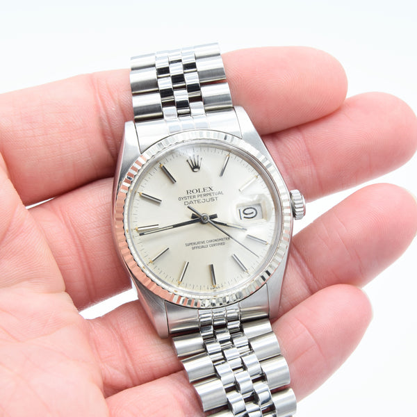 1978 Stunning Rolex Steel Oyster Perpetual Datejust with Fluted White Gold Bezel & Silvered Dial Model 16014 with Box, Book & Cert