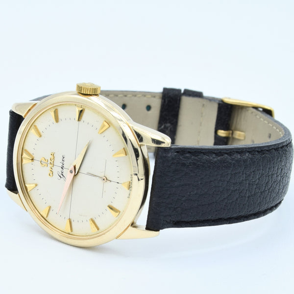 1956 Omega Geneve in Solid 9ct Gold with Original Two-Tone Dial Cross Hair Dial & Arrow Batons