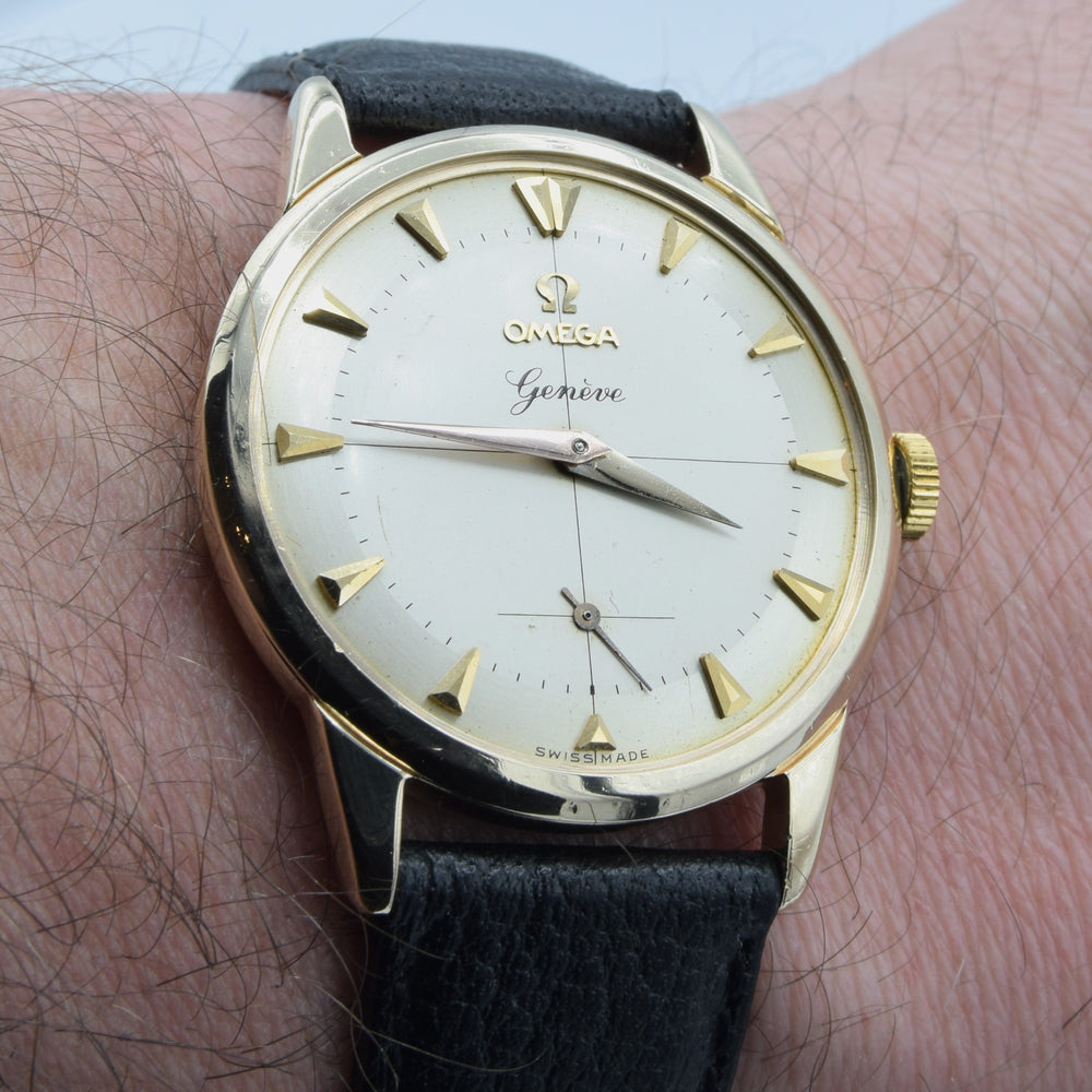 1956 Omega Geneve in Solid 9ct Gold with Original Two-Tone Dial Cross Hair Dial & Arrow Batons
