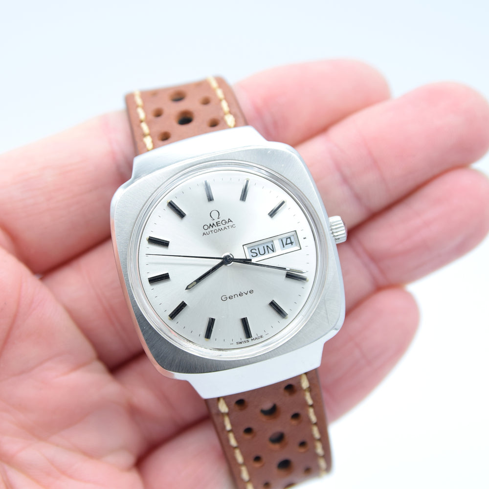 1975 Omega Genève Automatic Large Day/Date Model 166.0170 with Silvered Dial in Stainless Steel with Hooded Lugs