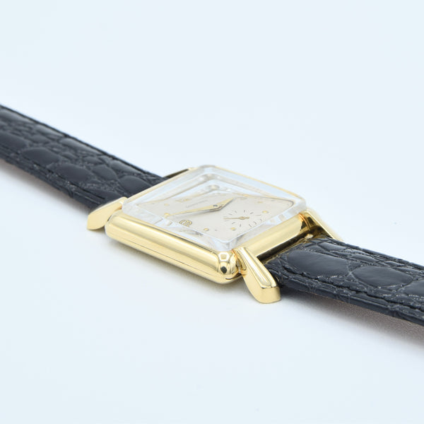 (RESERVED)1949 Longines Solid 18ct Gold Square Dress Watch with Scalloped Lugs and Mixed Dot and Arabic Numerals