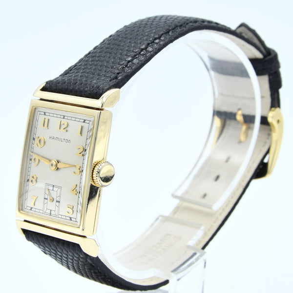 1940 Hamilton High Grade Wadsworth Deco Rectangular Wristwatch with Arabic Numerals in Solid 14ct Gold
