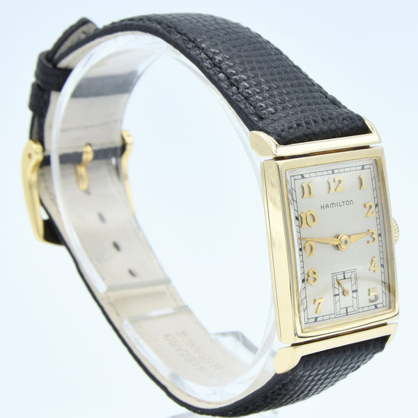 1940 Hamilton High Grade Wadsworth Deco Rectangular Wristwatch with Arabic Numerals in Solid 14ct Gold