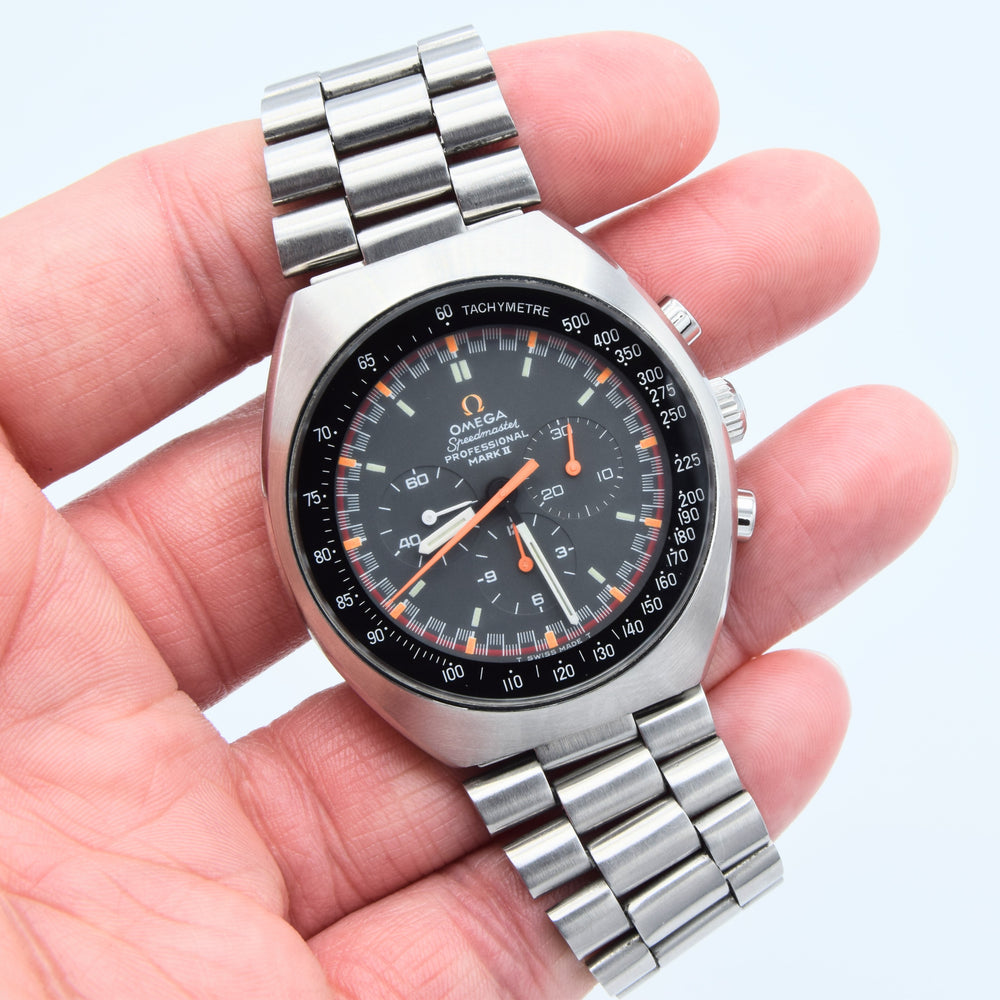 1973 Rare & Unusual Omega Speedmaster Professional Mk2 Racing Chronograph 145.014 with Grey & Orange Dial in Stainless Steel on Bracelet with Extract