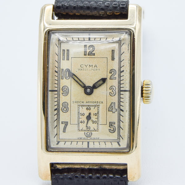 1937 Cyma Rectangular Early Waterproof Patent Deco Wristwatch with Arabic Dial in 9ct Gold